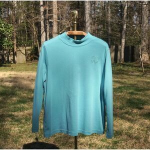 Blair Tiffany Blue Embroidered Crest Mock Neck Top